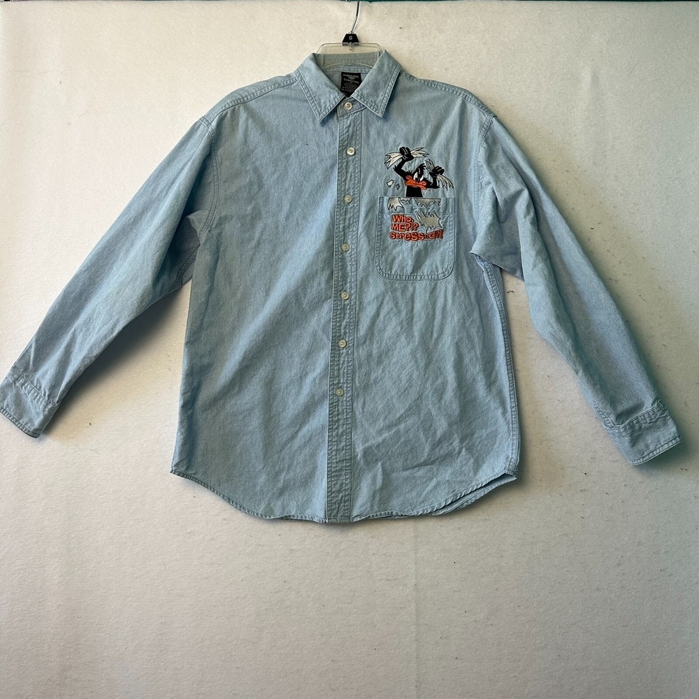 Vintage Warner Bros Studio Store Daffy Duck Denim Shirt Mens Small Blue‎ Looney